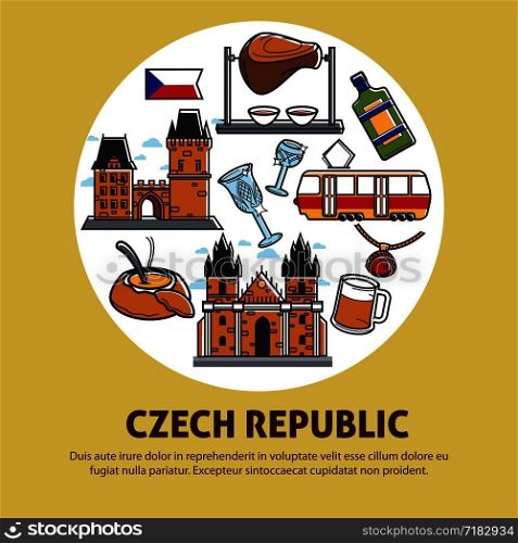 Czech Republic authentic culture promotional banner for travel agency. Gothic buildings, delicious cuisine, local transport and alcohol drinks of high quality cartoon flat vector illustration.. Czech Republic authentic culture promotional banner for travel agency