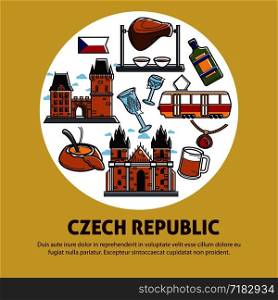 Czech Republic authentic culture promotional banner for travel agency. Gothic buildings, delicious cuisine, local transport and alcohol drinks of high quality cartoon flat vector illustration.. Czech Republic authentic culture promotional banner for travel agency