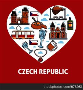 Czech Republic country landmarks and food poster with text vector. Crystal glass and bottle with traditional beverage, meat and transportation. Castle and gates, brick architecture beer alcoholic drink. Czech Republic country, landmarks and food poster vector