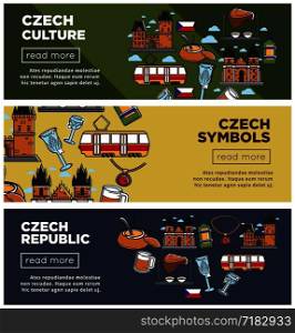 Czech Republic culture and symbols Internet web banners set. European architecture, local transport and traditional cuisine cartoon flat vector illustrations on online pages with buttons templates.. Czech Republic culture and symbols Internet web banners set