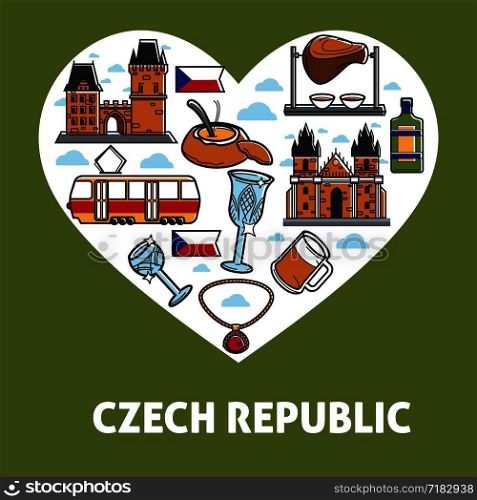 Czech Republic heart poster of traditional symbols and national sightseeing landmark icons. Vector Czech Republic flag, food and drink, Prague tram or castle and Bohemian crystal glass. Czech Republic vector poster of sightseeing symbols for travel attraction icons