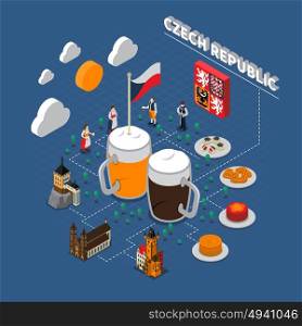 Czech Republic Isometric Flowchart Tourists Guide. Check republic tourists attraction isometric symbols with typical national beer snacks and clothing flowchart elements vector illustration