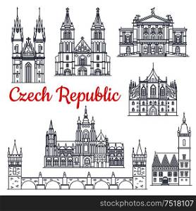 Czech republic thin line travel historical landmarks. Charles bridge on Vltava and Church of mother of God or our Lady before Tyn, metropolitan cathedral of Saints Vitus, Wenceslaus and Adalbert, Prague State Opera, St. Barbaras Church,Town Hall. Czech republic thin line travel landmarks