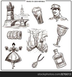 Czech Republic travel sketch symbols of Prague tourism landmarks. Vector collection of Czech soldier in Charles castle and bridge, Trdelnik cake and beer, Bohemian crystal glass and Becherovka drink. Czech travel and Prague vector sketch symbols