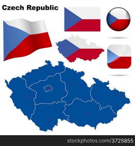 Czech Republic vector set. Detailed country shape with region borders, flags and icons isolated on white background.