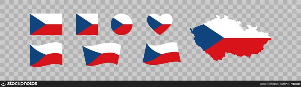 Czech set national flag and map icons. Federative Czech Republic isolated vector on transparent background, flat style
