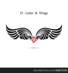 D-letter sign and angel wings.Monogram wing logo mockup.Classic emblem.Elegant dynamic alphabet letters with wings.Creative design element.Corporate branding identity.Flat web design wings icon.Vector illustration.