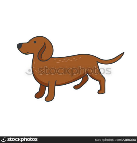 Dachshund isolated doodle style. Elongated dog with brown hair on walk. Home pet icon. Animal domestic pet hand drawn vector illustration. Dachshund isolated doodle style