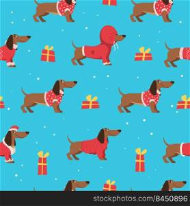 Dachshund pattern. Decorative template with happy xmas dogs in knitted sweaters exact vector seamless background for textile design projects. Illustration of dachshund pattern background. Dachshund pattern. Decorative template with happy xmas dogs in knitted sweaters exact vector seamless background for textile design projects