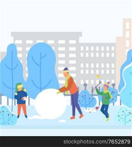 Dad and children sculpting snowman outdoors in city park. Father and son making sculpture in town. Family on vacation. Cityscape in winter with tree and building covered with snow. Vector in flat. Winter Scenery Dad and Children Sculpting Snowman