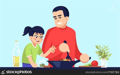 Dad and daughter cooking meal semi flat RGB color vector illustration. Parent and child adding spices to food, family members salting and peppering dish isolated cartoon characters on blue background