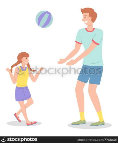 Dad and daughter play ball isolated on white. Man in mint color T-shirt, wears purple skirt, striped ball. People play in the fresh air. Family outdoor recreational activities. Flat image on white. Dad and daughter playing outdoors, playing active ball games. Cartoon characters isolated on white