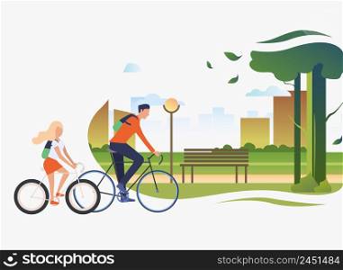 Dad and daughter riding bicycles, city park with tree and bench. Holiday, lifestyle, summer concept. Vector illustration can be used for topics like leisure, family, nature