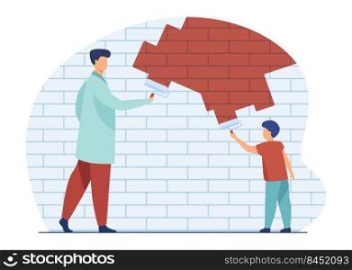 Dad and kid painting wall. Father and son renovating or decorating apartment. Flat vector illustration. Family, parenthood, renovation concept for banner, website design or landing web page