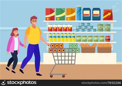Dad and little girl with shopping trolley choosing products for home. Supermarket with food assortment placed on shelves. People looking at packages with ingredients and meal. Vector in flat style. Father and Daughter Shopping At Supermarket Vector