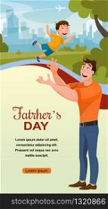 Dad and Little Son Celebrating Fathers Day Banner. Smiling Joyful Male Character Playing, Spending Time with Laughing Boy. Happy Family in City Park. Flat Cartoon Vector Illustration. Dad and Little Son Celebrating Fathers Day Banner