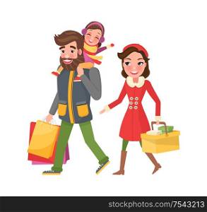 Dad and mom with bags or packs, holiday gifts for family members. Father carrying daughter on shoulders. Parents and little girl do shopping on Christmas.. Dad and Mom with Bags or Packs, Holiday Xmas Gifts