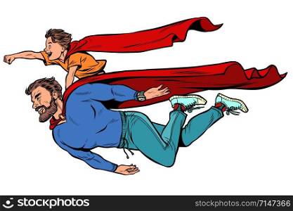 dad and son are superheroes. fatherhood and childhood. Pop art retro vector illustration kitsch vintage. dad and son are superheroes. fatherhood and childhood