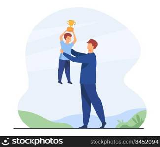 Dad and son celebrating boys triumph. Man lifting kid holding winners cup. Flat vector illustration. Family, support, parenthood concept for banner, website design or landing web page