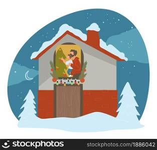Dad and son decorating pine tree on christmas, man and kid with decorations for spruce. Family holiday celebration at home. People preparing for xmas. Exterior of building, vector in flat style. Father and son decorating christmas tree on Xmas