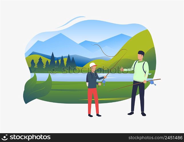 Dad and son holding fishing rods, landscape with lake. Holiday, tourism, summer concept. Vector illustration can be used for topics like leisure, family, nature
