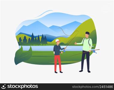 Dad and son holding fishing rods, landscape with lake. Holiday, tourism, summer concept. Vector illustration can be used for topics like leisure, family, nature