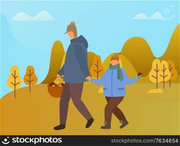 Dad and son in autumn park gathering mushrooms vector. Man and boy carrying basket with harvested vegetables. Mushrooming man and kid, characters wearing warm clothes. Hobby of male in fall season. Father and Son Gathering Mushrooms in Autumn Park