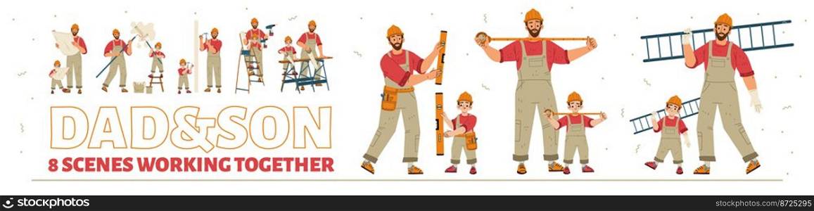 Dad and son in handyman uniform and helmet working together. Boy help father build and repair. Handyman and kid with construction tools, vector hand drawn illustration. Dad and son in handyman uniform with tools