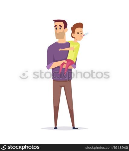 Dad and son. Puzzled father, ill boy with thermometer. Temperature measurement, flu or colds or virus infection. Isolated single man holding child vector illustration. Child sick, son with father. Dad and son. Puzzled father, ill boy with thermometer. Temperature measurement, flu or colds or virus infection. Isolated single man holding little child vector illustration