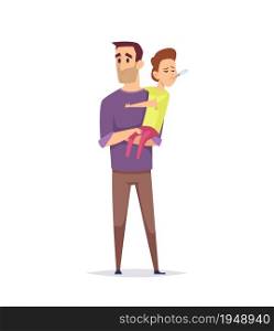 Dad and son. Puzzled father, ill boy with thermometer. Temperature measurement, flu or colds or virus infection. Isolated single man holding child vector illustration. Child sick, son with father. Dad and son. Puzzled father, ill boy with thermometer. Temperature measurement, flu or colds or virus infection. Isolated single man holding little child vector illustration