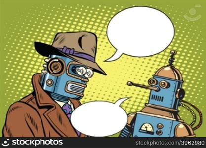 Dad and son robots pop art retro style. Artificial intelligence. Science fiction. Dad and son robots