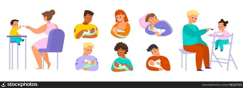 Dad baby feeding. Father and mothers with newborns, cute toddlers on high chairs and get food, with spoon, mom breastfeeding kid, parents with children happy parenthood vector carton flat isolated set. Dad baby feeding. Father and mothers with newborns, cute toddlers on high chairs and get food, with spoon, mom breastfeeding kid, parents with children vector carton flat isolated set