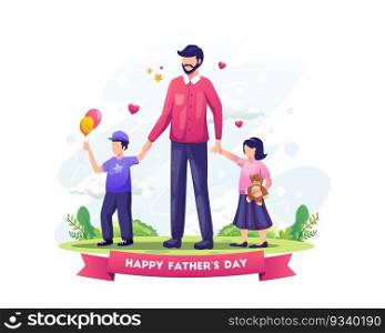 Dad celebrates father’s day by taking his kids for a walk. Flat vector illustration