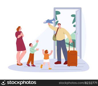 Dad come back to home from trip or work. Welcome father, happy little children meeting parent. Family life together, man play with kicky kids vector scene of dad go to family illustration. Dad come back to home from trip or work. Welcome father, happy little children meeting parent. Family life together, man play with kicky kids vector scene