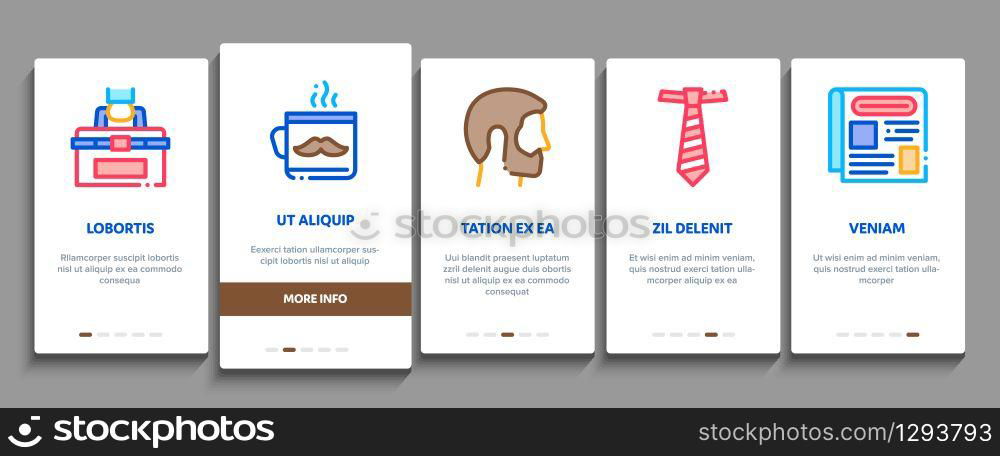 Dad Father Parent Onboarding Mobile App Page Screen Vector. Dad With Beard And Office Working Place, Guitar And Photo Camera, Crown And Perfume Bottle Color Contour Illustrations. Dad Father Parent Onboarding Elements Icons Set Vector