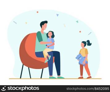 Dad giving attention to only one child. Daughter, parent, toy flat vector illustration. Parenthood and relationship concept for banner, website design or landing web page