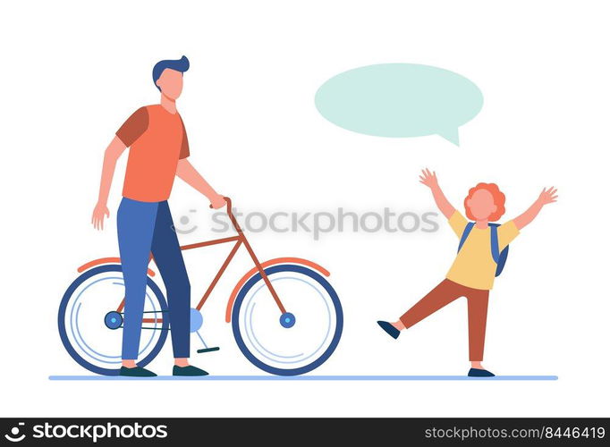 Dad giving bike to joyful son. Red haired boy, speech bubble, bicycle flat vector illustration. Activity, childhood, family concept for banner, website design or landing web page