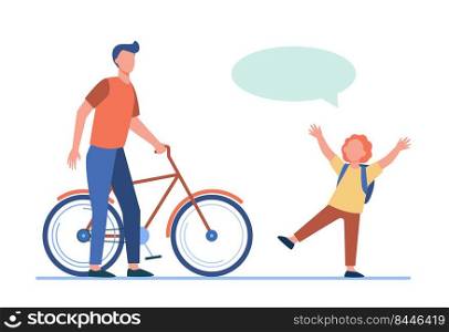 Dad giving bike to joyful son. Red haired boy, speech bubble, bicycle flat vector illustration. Activity, childhood, family concept for banner, website design or landing web page