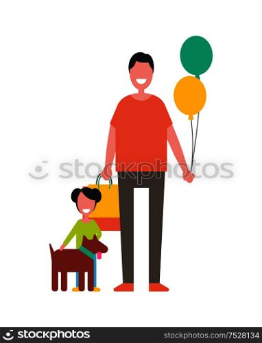Dad holding balloons, son plays with dog vector isolated on white. Happy fatherhood concept, father and boy do shopping together, leisure activities. Dad Holding Balloons Son Plays Dog Vector Isolated