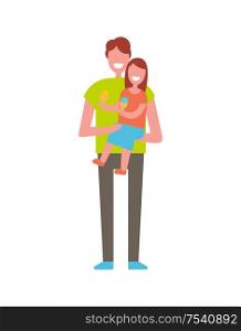 Dad holding daughter on hands vector illustration isolated on white. Father and little girl smiling and having fun together, happy family kid and parent. Dad Holding Daughter on Hands Vector Illustration