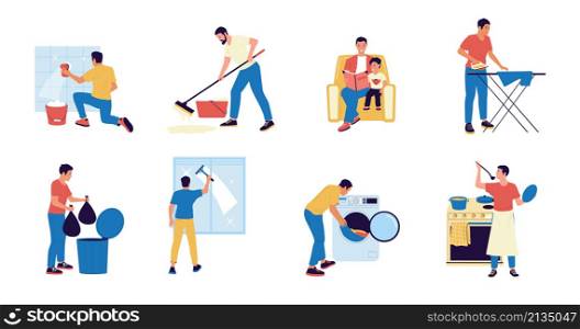 Dad housekeeper. Cartoon father character doing household work - cook, wash dishes, laundry, ironing, sitting with baby. Vector illustration house chores set male householder. Dad housekeeper. Cartoon father character doing household work - cook, wash dishes, laundry, ironing, sitting with baby. Vector house chores set
