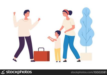 Dad is coming home from work. Vector happy family concept. Cute child, wife and husband. Illustration dad return to home after work. Dad is coming home from work. Vector happy family concept. Cute child, wife and husband