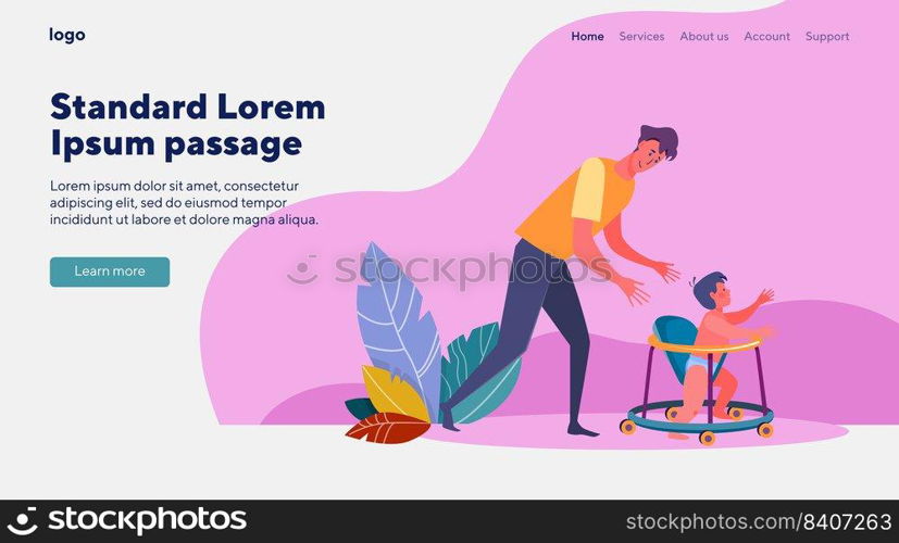 Dad looking after little son. Young man, toddler, father. Flat vector illustrations. Child care, parenthood, upbringing concept for banner, website design or landing web page