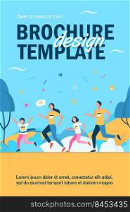 Dad, mom and kids running together in park isolated flat vector illustration. Happy cartoon man, woman and children jogging marathon. Family and healthy lifestyle concept