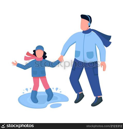Dad play with daughter in rain semi flat color vector characters. Playing figures. Full body people on white. Fall activity isolated modern cartoon style illustration for graphic design and animation. Dad play with daughter in rain semi flat color vector characters
