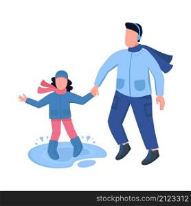 Dad play with daughter in rain semi flat color vector characters. Playing figures. Full body people on white. Fall activity isolated modern cartoon style illustration for graphic design and animation. Dad play with daughter in rain semi flat color vector characters