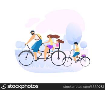 Dad Rides Behind Wheel Big Bike. Parents with Small Daughter. Park Beautiful Weather Love Active View Life. Positive Emotions Young Man Learns Ride Small Bike and Pedals Vector Illustration.