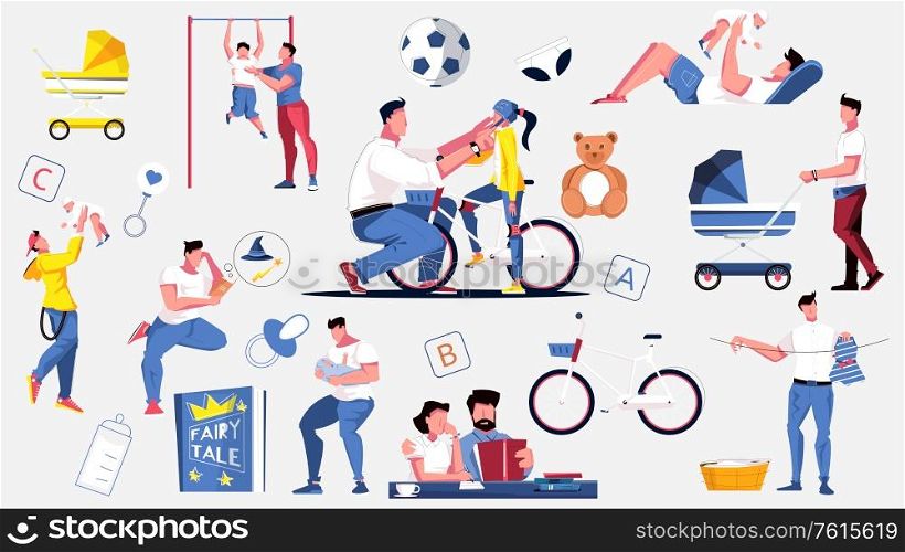 Dad set of flat isolated icons and human characters of fathers with their children and toys vector illustration
