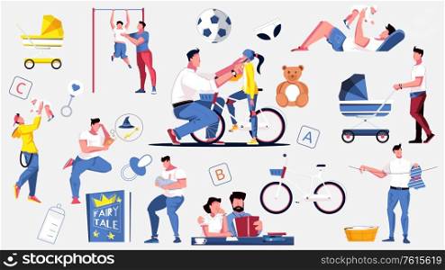 Dad set of flat isolated icons and human characters of fathers with their children and toys vector illustration