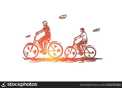 Dad, son, bike, active, together concept. Hand drawn dad and son ride a bike together in nature concept sketch. Isolated vector illustration.. Dad, son, bike, active, together concept. Hand drawn isolated vector.